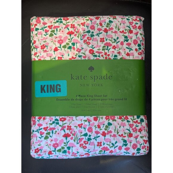 Kate Spade King 4-Piece Sheet Set - Lovely Buds Print - 100% Cotton - Picture 1 of 6